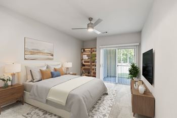 A bedroom with a large bed, a ceiling fan, and a television at Sweetgrass Landing, Mount Pleasant, SC, 29466